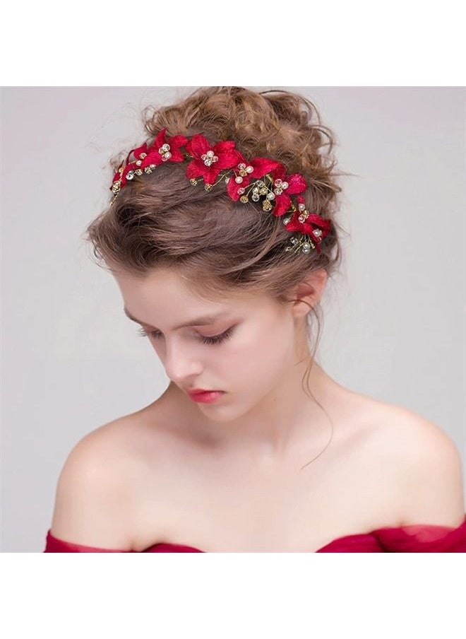 DonLeeving - Bridal Red Crystal Headband Princess Flower Hair Vine Headpiece Pearl Wedding Queen Crowns and Tiaras Bride Floral Red Headband for Women and Girls Halloween Decor - Image 1