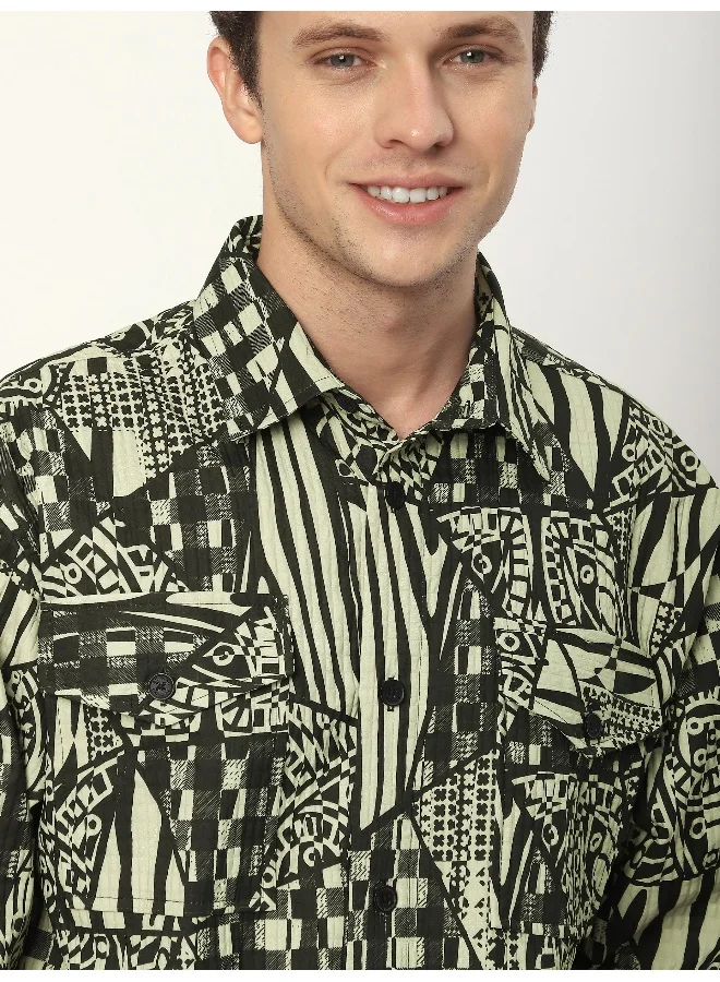 Beyoung Green and Black Abstract Print Shacket