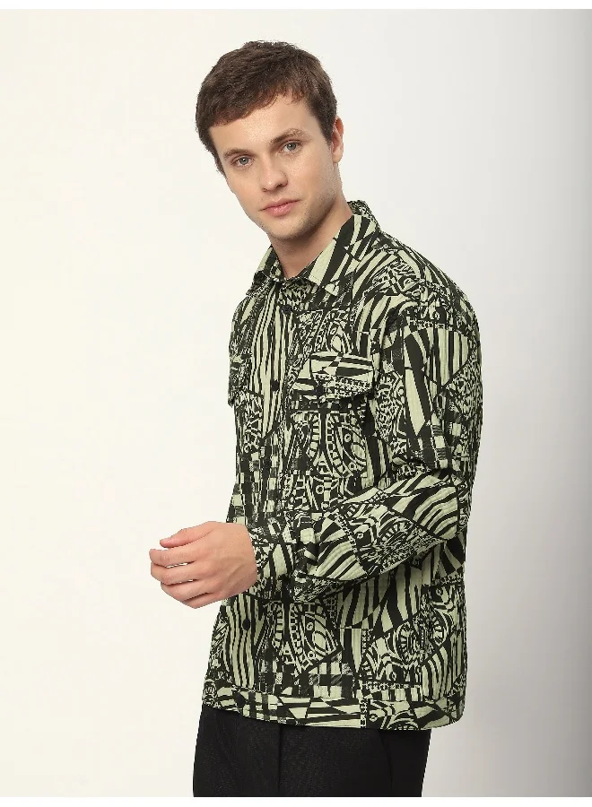 Beyoung Green and Black Abstract Print Shacket