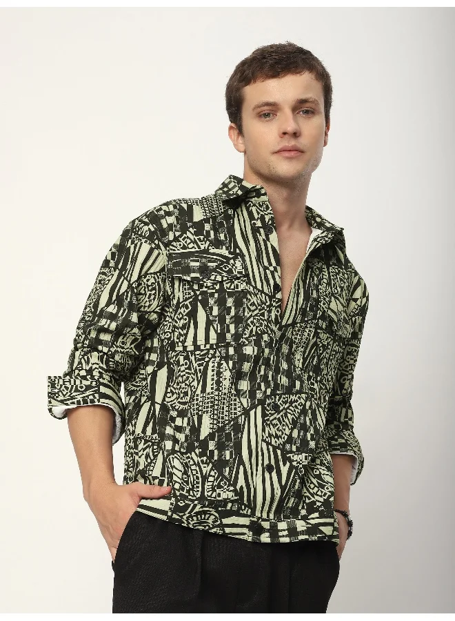 Beyoung Green and Black Abstract Print Shacket