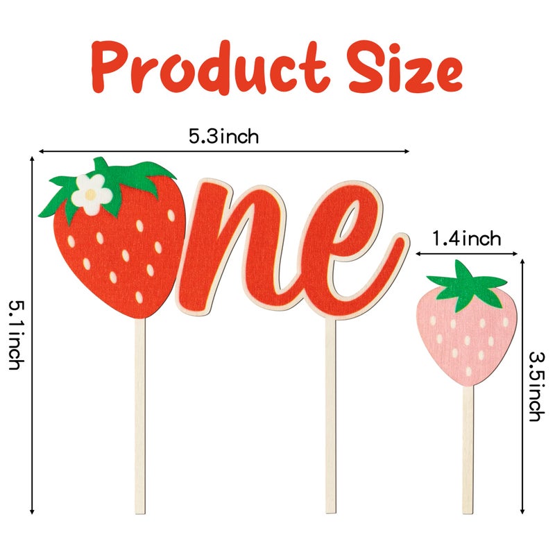 BkeeCten 5pcs Strawberry Wooden ONE Cake Toppers Painted Colorful Cute Strawberry Daisy Cupcake Topper Dessert Decors for Kids One Year Old First Birthday Baby Shower Party Favor Supplies - Image 2