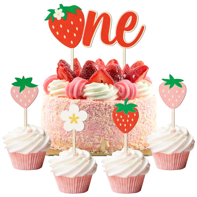 BkeeCten 5pcs Strawberry Wooden ONE Cake Toppers Painted Colorful Cute Strawberry Daisy Cupcake Topper Dessert Decors for Kids One Year Old First Birthday Baby Shower Party Favor Supplies - Image 1