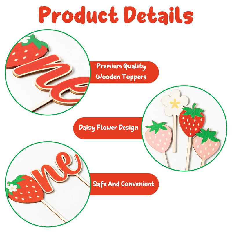 BkeeCten 5pcs Strawberry Wooden ONE Cake Toppers Painted Colorful Cute Strawberry Daisy Cupcake Topper Dessert Decors for Kids One Year Old First Birthday Baby Shower Party Favor Supplies - Image 4