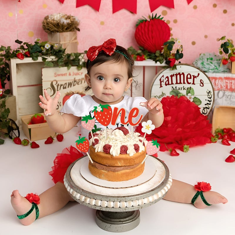 BkeeCten 5pcs Strawberry Wooden ONE Cake Toppers Painted Colorful Cute Strawberry Daisy Cupcake Topper Dessert Decors for Kids One Year Old First Birthday Baby Shower Party Favor Supplies - Image 5