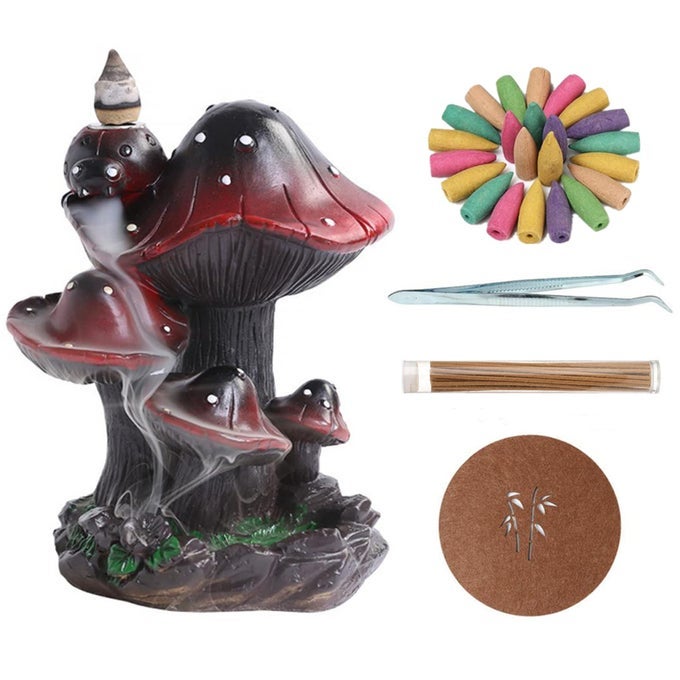Backflow Incense Burner Holder Mushroom Handicraft Decor Resin Reverse Flow Incense Burner Censer Cone Incense Waterfall Burner 20 Backflow Incense Cones 30 Incense Sticks 1 Tweezer 1 Mat