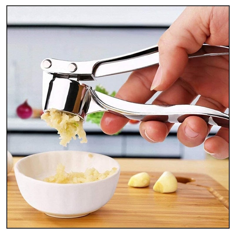 Vivatra Vivatra Stainless Steel Garlic Crusher Presser MultiFunction Manual Portable Garlic Crusher Ginger Mincer Garlic Presser Curved for KitchenLemon Juicer Hand Tool Silver Garlic Press - Image 1