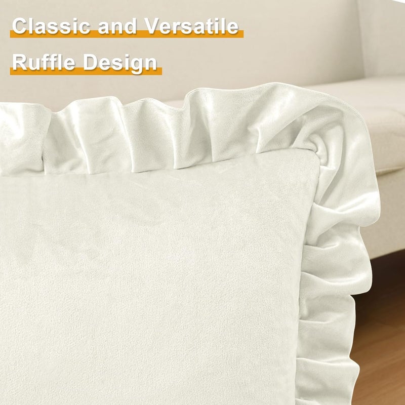 JIUZHEN Ivory Velvet Throw Pillow Covers 18x18 for Couch Sofa Livingroom Bed，Decorative Square Throw Pillow Covers with Ruffles, Set of 2 - Image 3