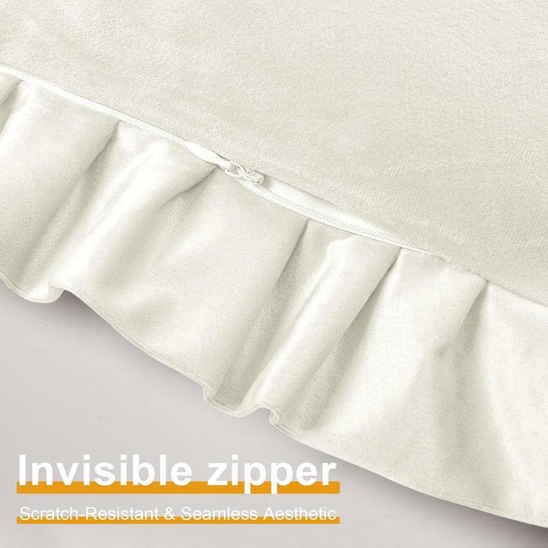JIUZHEN Ivory Velvet Throw Pillow Covers 18x18 for Couch Sofa Livingroom Bed，Decorative Square Throw Pillow Covers with Ruffles, Set of 2 - Image 4