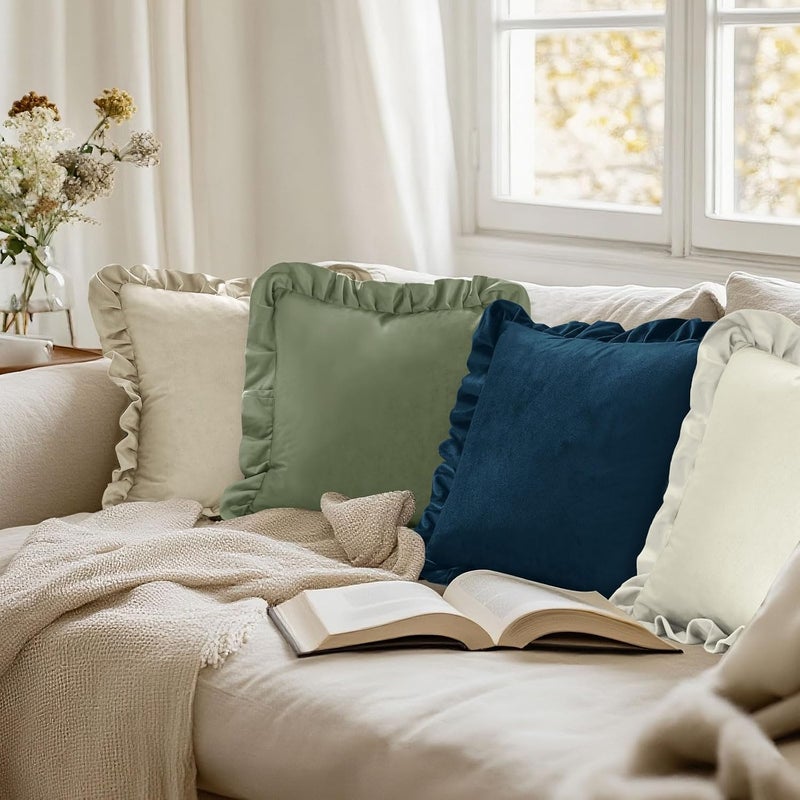 JIUZHEN Ivory Velvet Throw Pillow Covers 18x18 for Couch Sofa Livingroom Bed，Decorative Square Throw Pillow Covers with Ruffles, Set of 2 - Image 5