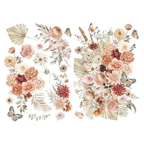 Joeyan Boho Bouquets Rub On Transfers for Furniture and Crafts 2 Large Botanical Design Sheets 12x18 DIY Home Decal on Wood Glass Metal Canvas Porcelain Paper Plastic Cosy Home - Image 1