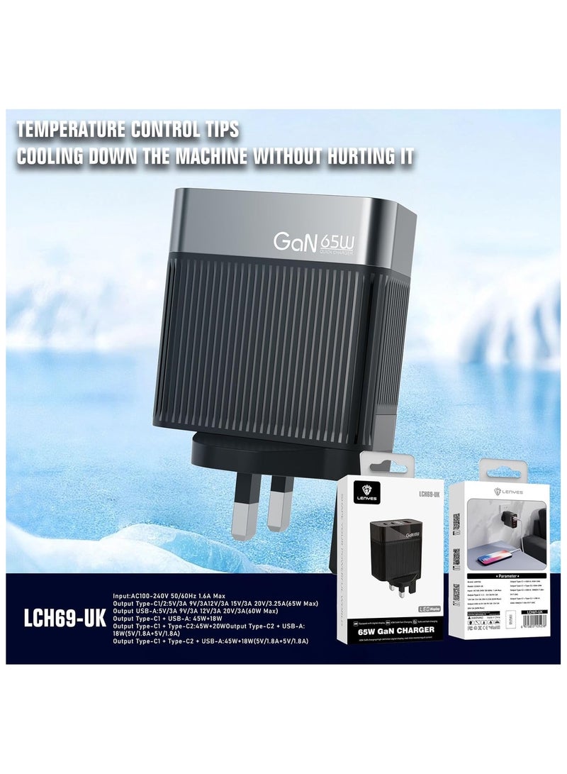 LENYES 65W GaN Fast Charger Adapter with LED Display, Compact Charger For M book Pro/Air, Galaxy S20/S10, Dell Xps 13, Note 20/10+, phone 13/Pro/Mini, pad - Image 2