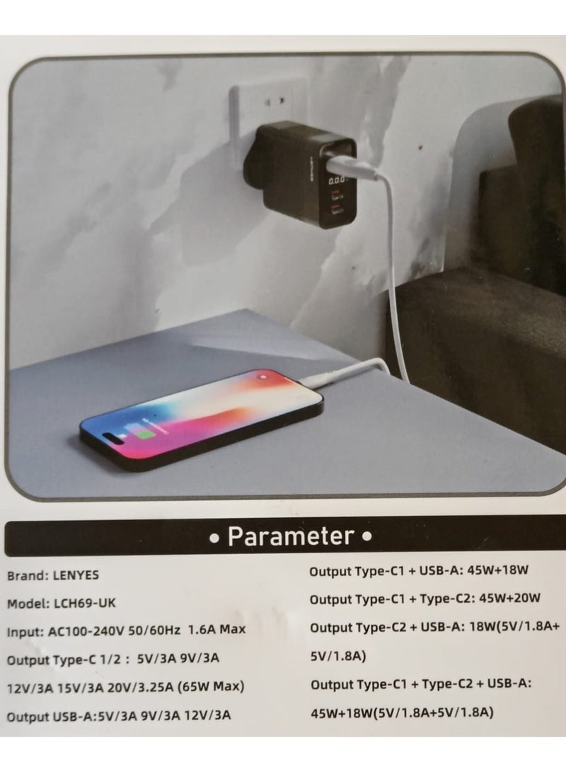 LENYES 65W GaN Fast Charger Adapter with LED Display, Compact Charger For M book Pro/Air, Galaxy S20/S10, Dell Xps 13, Note 20/10+, phone 13/Pro/Mini, pad - Image 3