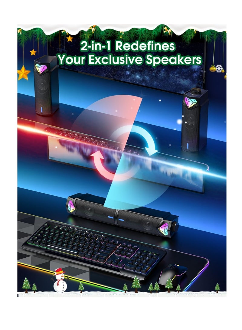 Excefore Computer Speakers for PC Desktop Monitor, Bluetooth Dynamic RGB Computer Sound Bar, Dual HiFi Stereo & Gradient RGB Lighting, USB Powered Speakers, for PC Laptop Tablet Desktop(Include C Adapter)  - Image 2