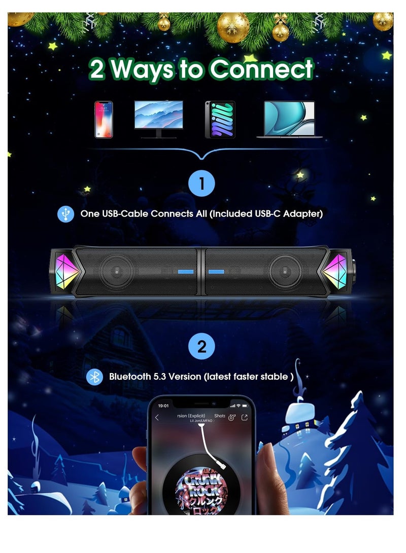 Excefore Computer Speakers for PC Desktop Monitor, Bluetooth Dynamic RGB Computer Sound Bar, Dual HiFi Stereo & Gradient RGB Lighting, USB Powered Speakers, for PC Laptop Tablet Desktop(Include C Adapter)  - Image 5