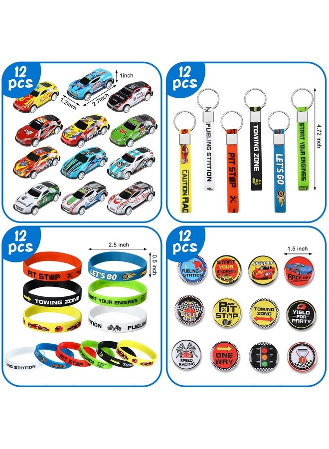 Capoda 98 Pcs Race Cars Party Favor Supplies Kit Racecar Birthday Themed Decoration Set With Mini Race Cars Toys Cartoon Transportation Stickers Keychain Wristband Bracelet Badge Pack For Boys Girls - Image 3