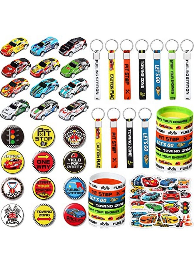 Capoda 98 Pcs Race Cars Party Favor Supplies Kit Racecar Birthday Themed Decoration Set With Mini Race Cars Toys Cartoon Transportation Stickers Keychain Wristband Bracelet Badge Pack For Boys Girls - Image 1