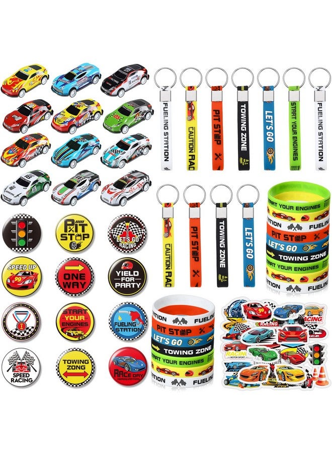 Capoda 98 Pcs Race Cars Party Favor Supplies Kit Racecar Birthday Themed Decoration Set With Mini Race Cars Toys Cartoon Transportation Stickers Keychain Wristband Bracelet Badge Pack For Boys Girls - Image 2