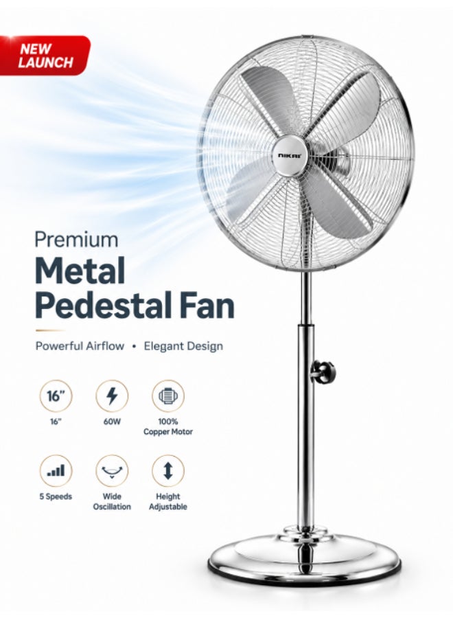 NIKAI 16-Inch Premium Stand Fan, 4 Blade High-Speed, Adjustable Height & Oscillation, Cooling Fan for Home And Office Use - 2 Year Warranty - 60 W NPF169CMX Silver - Image 1