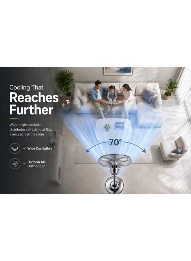 NIKAI 16-Inch Premium Stand Fan, 4 Blade High-Speed, Adjustable Height & Oscillation, Cooling Fan for Home And Office Use - 2 Year Warranty - 60 W NPF169CMX Silver - Image 4