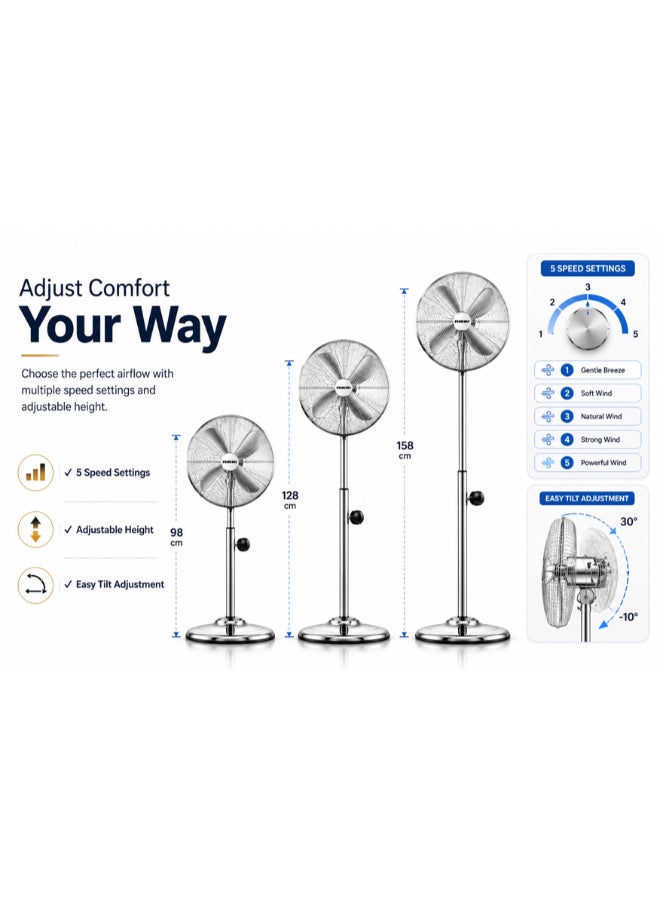 NIKAI 16-Inch Premium Stand Fan, 4 Blade High-Speed, Adjustable Height & Oscillation, Cooling Fan for Home And Office Use - 2 Year Warranty - 60 W NPF169CMX Silver - Image 5