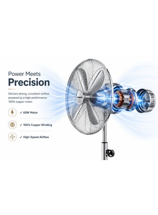 NIKAI 16-Inch Premium Stand Fan, 4 Blade High-Speed, Adjustable Height & Oscillation, Cooling Fan for Home And Office Use - 2 Year Warranty - 60 W NPF169CMX Silver - Image 2