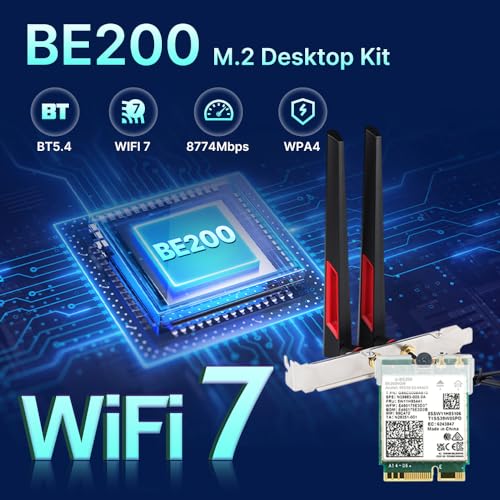DERAPID مجموعة بطاقة WiFi 7 M.2 BE200 لجهاز الكمبيوتر المكتبي لـ Intel BE200NGW، ثلاثي النطاق 2.4G/5G/6GHz مع Bluetooth 5.4، كابل تمديد MHF4، هوائي عالي الكسب، دعم حوامل عالية/منخفضة لنظام Windows 10 11 (غير متوافق مع AMD) - Image 2