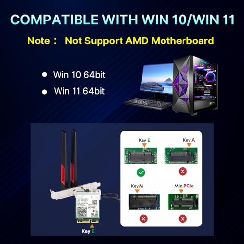 DERAPID مجموعة بطاقة WiFi 7 M.2 BE200 لجهاز الكمبيوتر المكتبي لـ Intel BE200NGW، ثلاثي النطاق 2.4G/5G/6GHz مع Bluetooth 5.4، كابل تمديد MHF4، هوائي عالي الكسب، دعم حوامل عالية/منخفضة لنظام Windows 10 11 (غير متوافق مع AMD) - Image 3