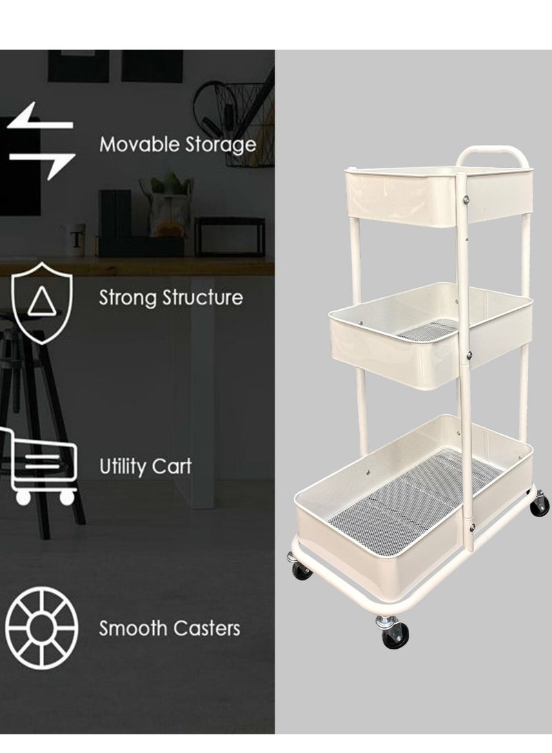 3 Tier Multi-Functional Moveable Wheels Rolling Metal Utility Cart Storage Organizer Shelves Basket Easy Assembly for Bathroom, Kitchen, Office - Image 4