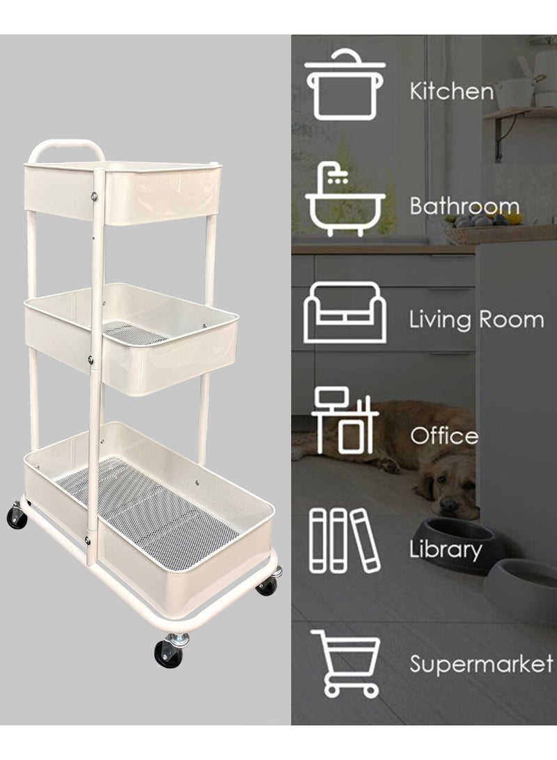 3 Tier Multi-Functional Moveable Wheels Rolling Metal Utility Cart Storage Organizer Shelves Basket Easy Assembly for Bathroom, Kitchen, Office - Image 3