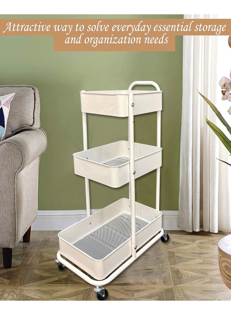 3 Tier Multi-Functional Moveable Wheels Rolling Metal Utility Cart Storage Organizer Shelves Basket Easy Assembly for Bathroom, Kitchen, Office - Image 1