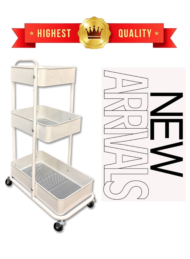 3 Tier Multi-Functional Moveable Wheels Rolling Metal Utility Cart Storage Organizer Shelves Basket Easy Assembly for Bathroom, Kitchen, Office - Image 5
