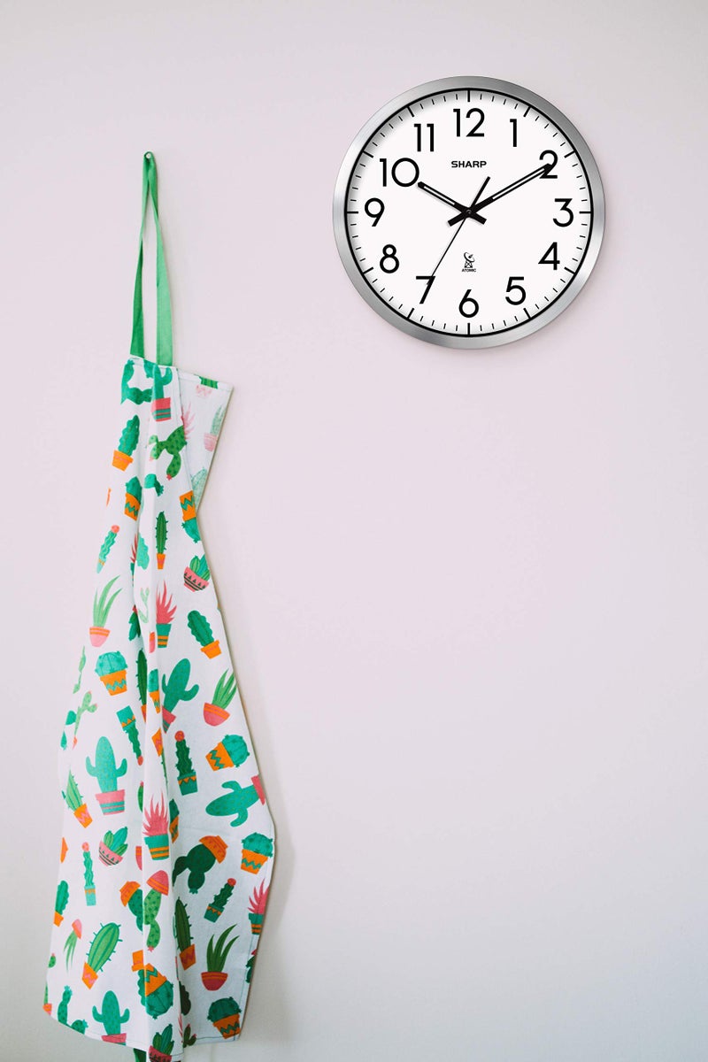 Sharp Atomic Analog Wall Clock - 12" Silver Brushed Finish Sets Automatically- Battery Operated Easy to Read Use: Simple, Style fits Any Decor - Image 5