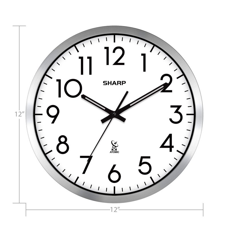 Sharp Atomic Analog Wall Clock - 12" Silver Brushed Finish Sets Automatically- Battery Operated Easy to Read Use: Simple, Style fits Any Decor - Image 4