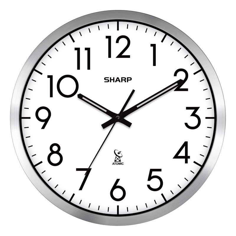Sharp Atomic Analog Wall Clock - 12" Silver Brushed Finish Sets Automatically- Battery Operated Easy to Read Use: Simple, Style fits Any Decor - Image 1