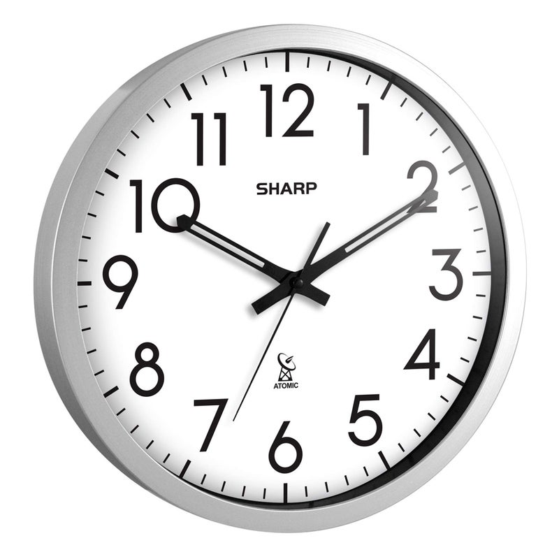 Sharp Atomic Analog Wall Clock - 12" Silver Brushed Finish Sets Automatically- Battery Operated Easy to Read Use: Simple, Style fits Any Decor - Image 2