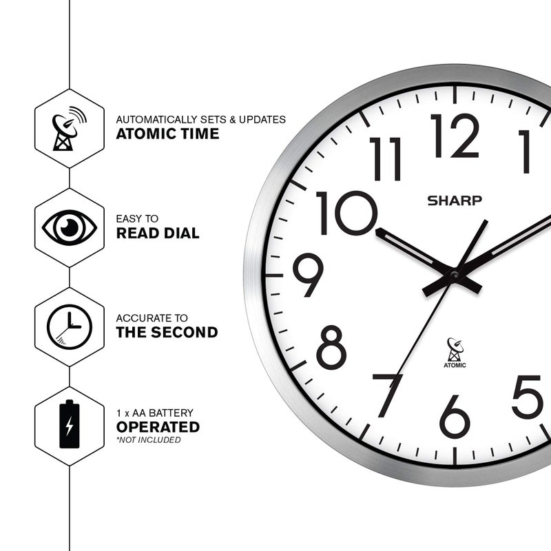 Sharp Atomic Analog Wall Clock - 12" Silver Brushed Finish Sets Automatically- Battery Operated Easy to Read Use: Simple, Style fits Any Decor - Image 3
