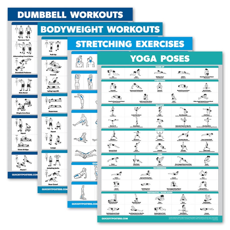 Palace Learning 4 Pack  Dumbbell Workouts  Bodyweight Workouts  Stretching Exercises  Yoga  Set of 4 Workout Charts 18 x 24 LAMINATED