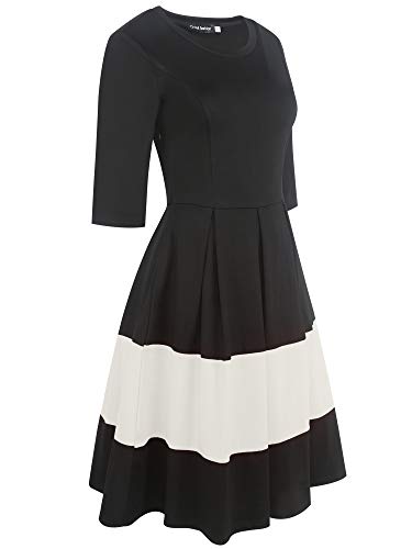 oxiuly Women's Vintage Half Sleeve O-Neck Contrast Casual Pockets Party Swing Dress OX253 (Black White PT, S) - Image 3