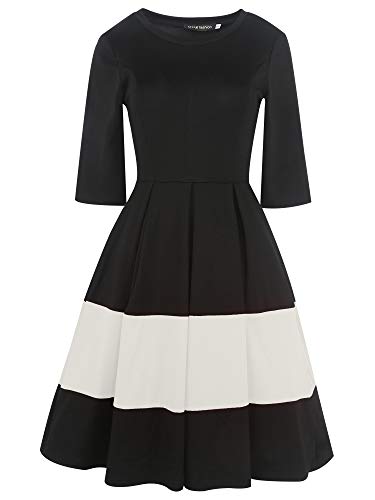 oxiuly Women's Vintage Half Sleeve O-Neck Contrast Casual Pockets Party Swing Dress OX253 (Black White PT, S) - Image 2