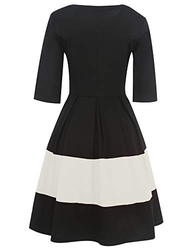 oxiuly Women's Vintage Half Sleeve O-Neck Contrast Casual Pockets Party Swing Dress OX253 (Black White PT, S) - Image 4