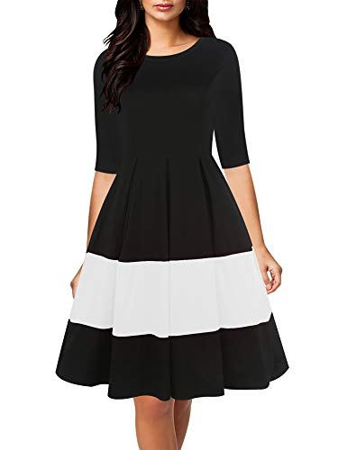 oxiuly Women's Vintage Half Sleeve O-Neck Contrast Casual Pockets Party Swing Dress OX253 (Black White PT, S) - Image 5