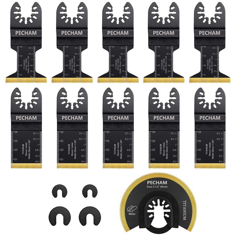 PECHAM 11PCS Titanium Oscillating Tool Blades, Universal Oscillating Multitool Blades Metal Cutting Quick Release for Hard Material Metal Nails Wood Plastic fit More Oscillating Tools - Image 1