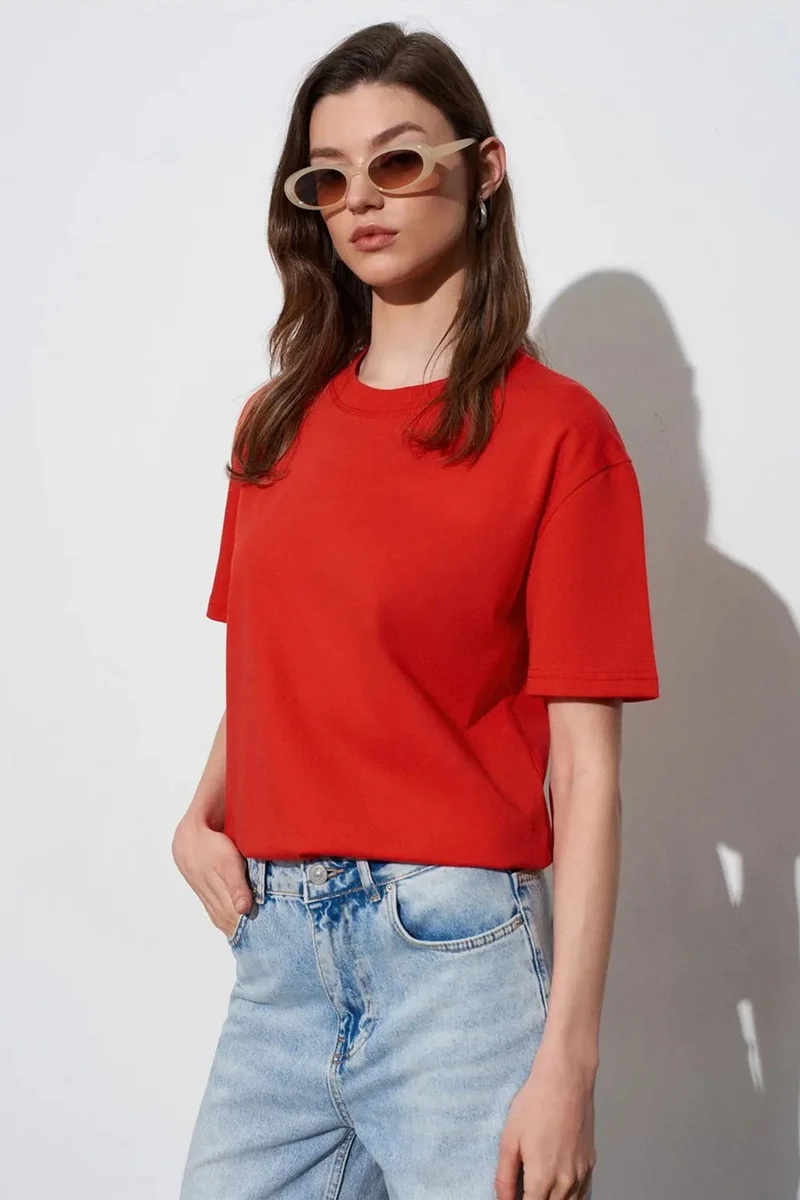Dilvin Red DILVIN Women's Cotton Crew Neck T-Shirt for Women | Best Price UAE