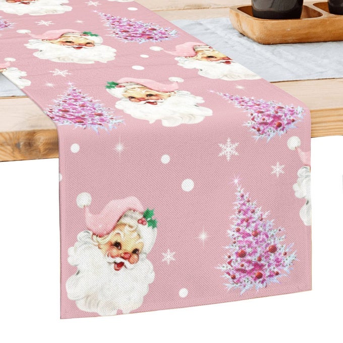 CHRISTMAS TABLE RUNNER 13 X 72 INCH CUTE SANTA CLAUS PINK CHRISTMAS TREE TABLE RUNNERS SEASONAL WINTER XMAS HOLIDAY KITCHEN DINING TABLE DECORATION FOR INDOOR OUTDOOR HOME PARTY DECOR