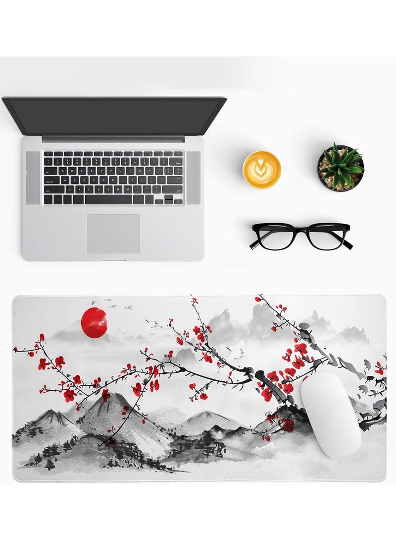 Cherry Blossom Gaming Mouse Pad 900mmX400mm, Thickness 3mm, Red Full Desk Japanese Sakura Gaming Mouse Pad, Large Non-Slip Rubber Base Waterproof Big Keyboard Mat With Stitched Edges For Gaming Office - Image 2