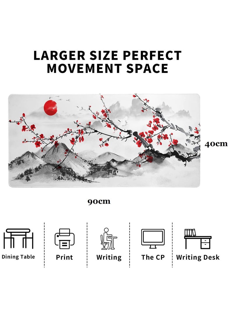 Cherry Blossom Gaming Mouse Pad 900mmX400mm, Thickness 3mm, Red Full Desk Japanese Sakura Gaming Mouse Pad, Large Non-Slip Rubber Base Waterproof Big Keyboard Mat With Stitched Edges For Gaming Office - Image 3