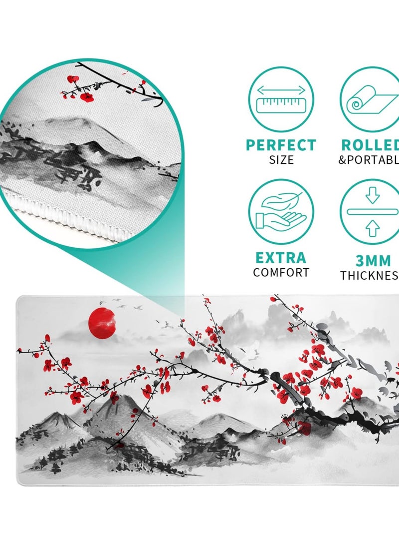 Cherry Blossom Gaming Mouse Pad 900mmX400mm, Thickness 3mm, Red Full Desk Japanese Sakura Gaming Mouse Pad, Large Non-Slip Rubber Base Waterproof Big Keyboard Mat With Stitched Edges For Gaming Office - Image 5