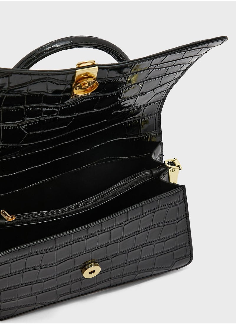 ELLA - Patent Croc Effect Curved Satchel Bag - Image 1