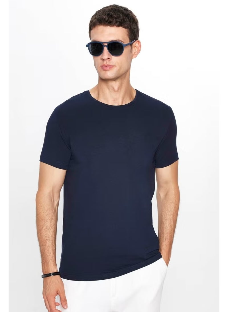 Tudors Men's Slim Fit Slim Cut Cotton Soft Texture Flexible Fabric Plain Basic Navy Blue Crew Neck T-Shirt - Image 3
