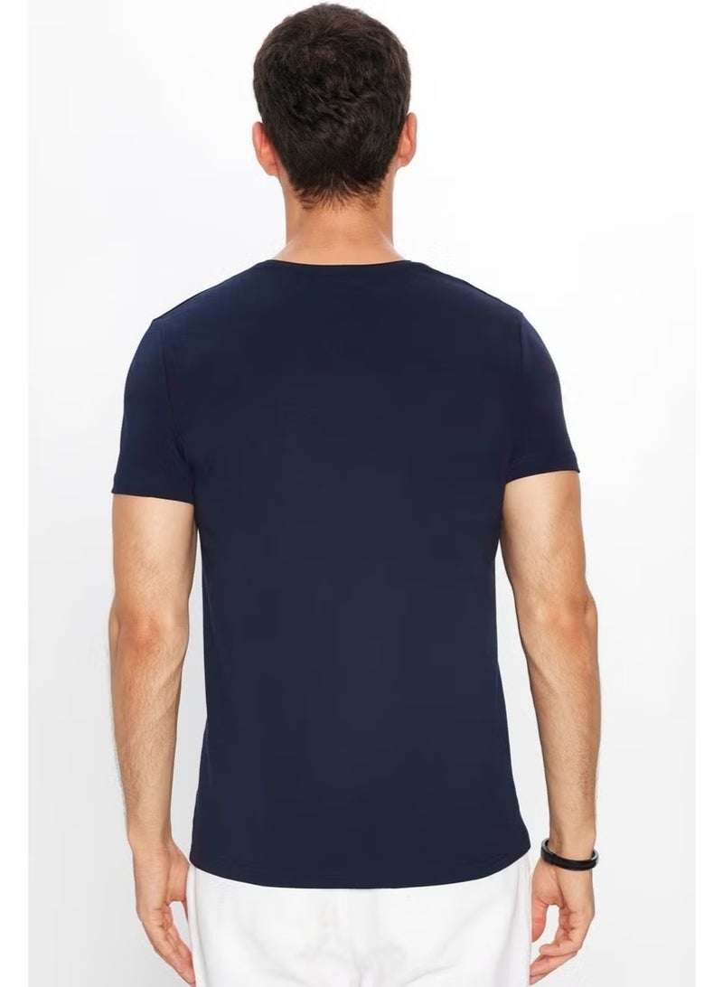 Tudors Men's Slim Fit Slim Cut Cotton Soft Texture Flexible Fabric Plain Basic Navy Blue Crew Neck T-Shirt - Image 5